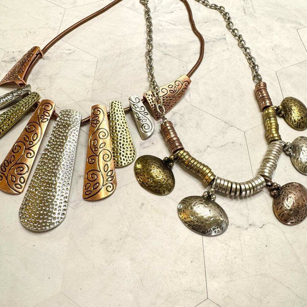 Two Mixed Metal Necklaces Gold Silver Copper Tone Disc Bead Tribal Statement Bib